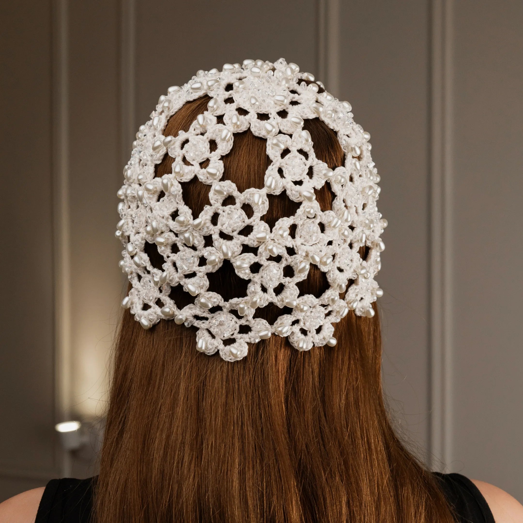 Flower beanie Amanda with pearls & bicones ivory
