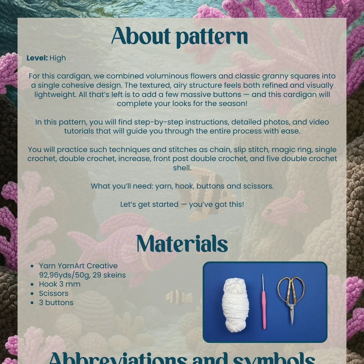 Pattern guide for crochet with text and materials list on a textured background