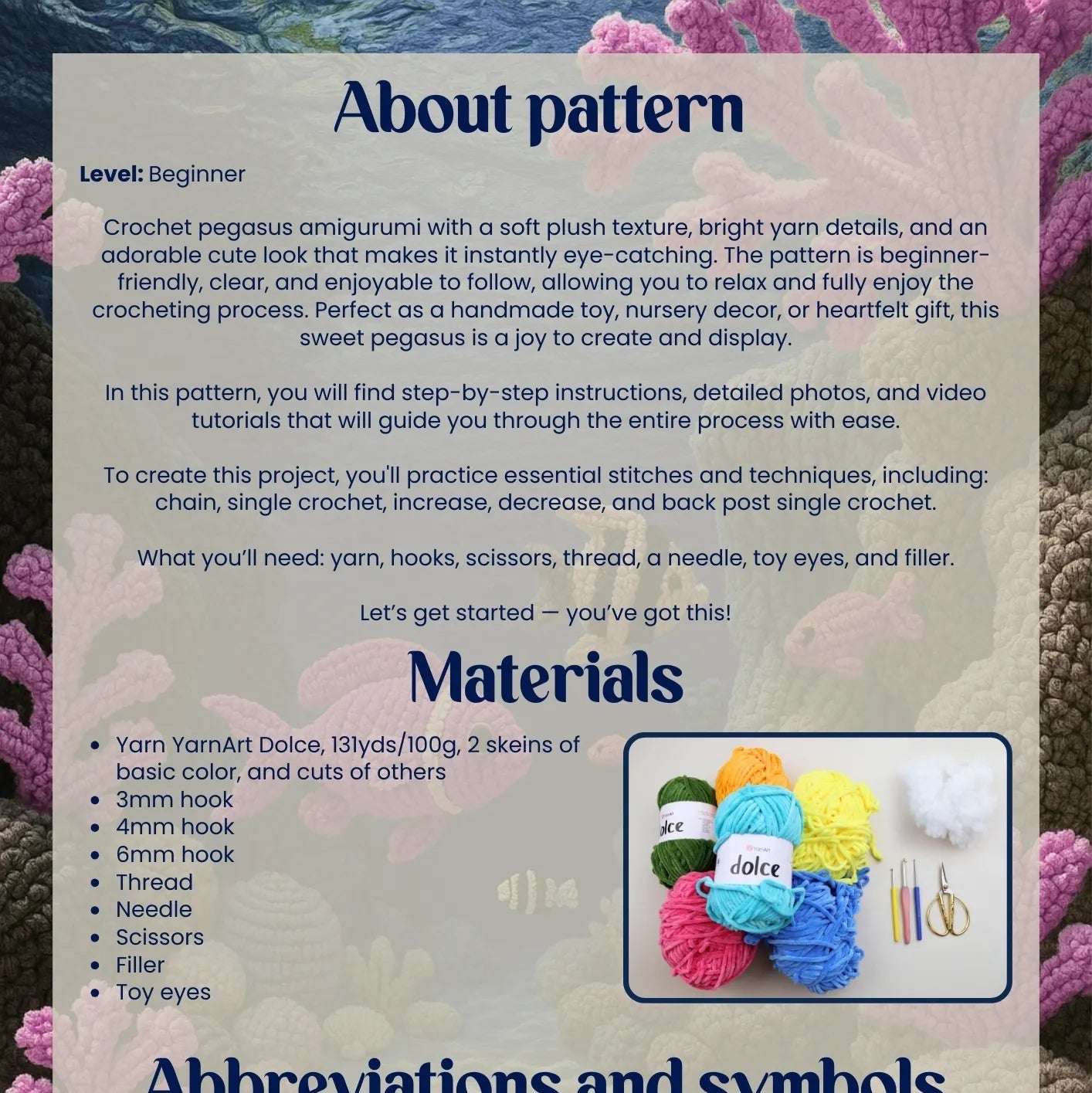Crochet pattern guide with text and materials list on a textured background
