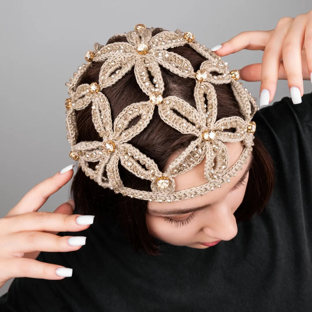 Floral beanie with rhinestones and bicones