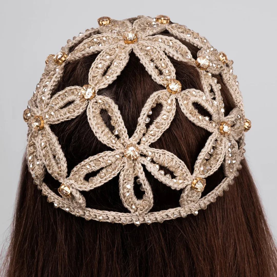 Floral beanie with rhinestones and bicones