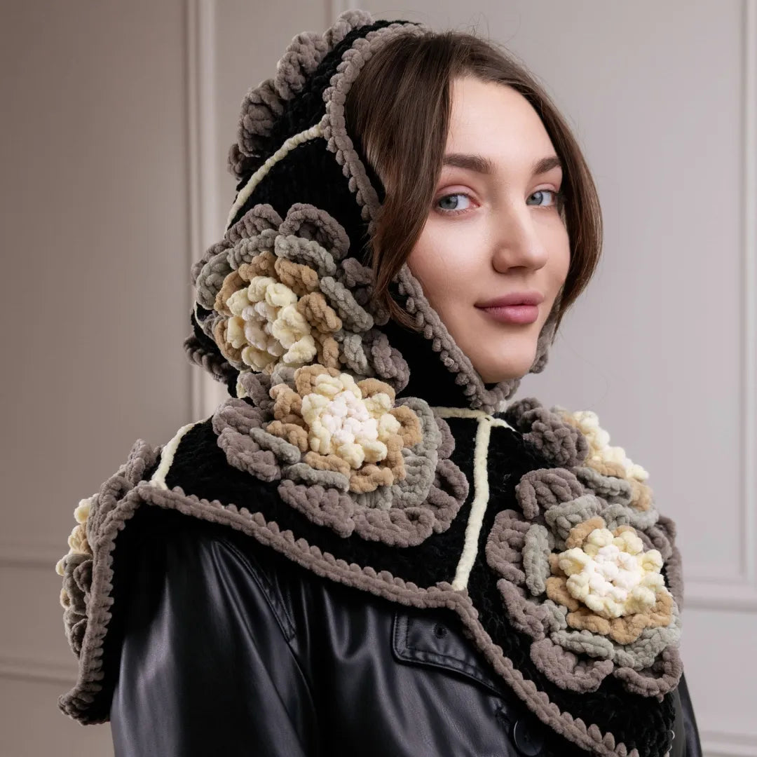 Plush flower granny square balaclava