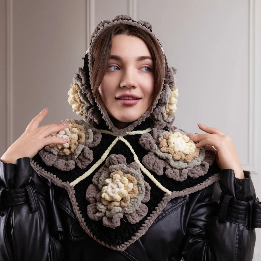 Plush flower granny square balaclava