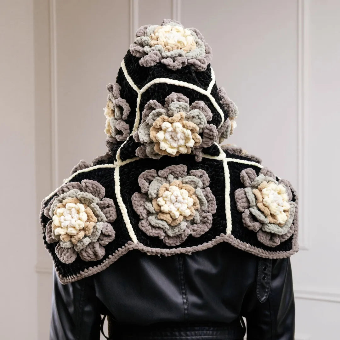Plush flower granny square balaclava