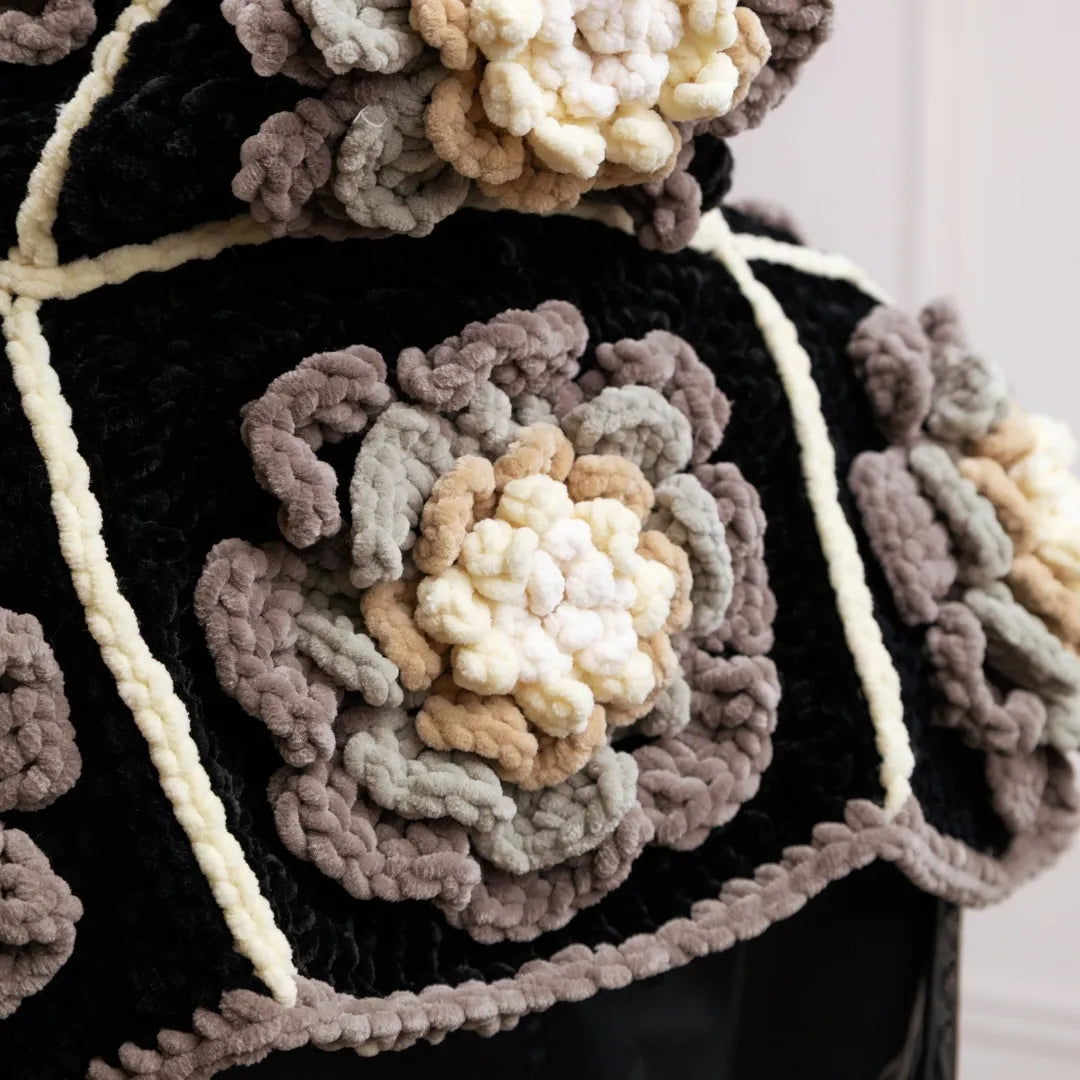 Plush flower granny square balaclava