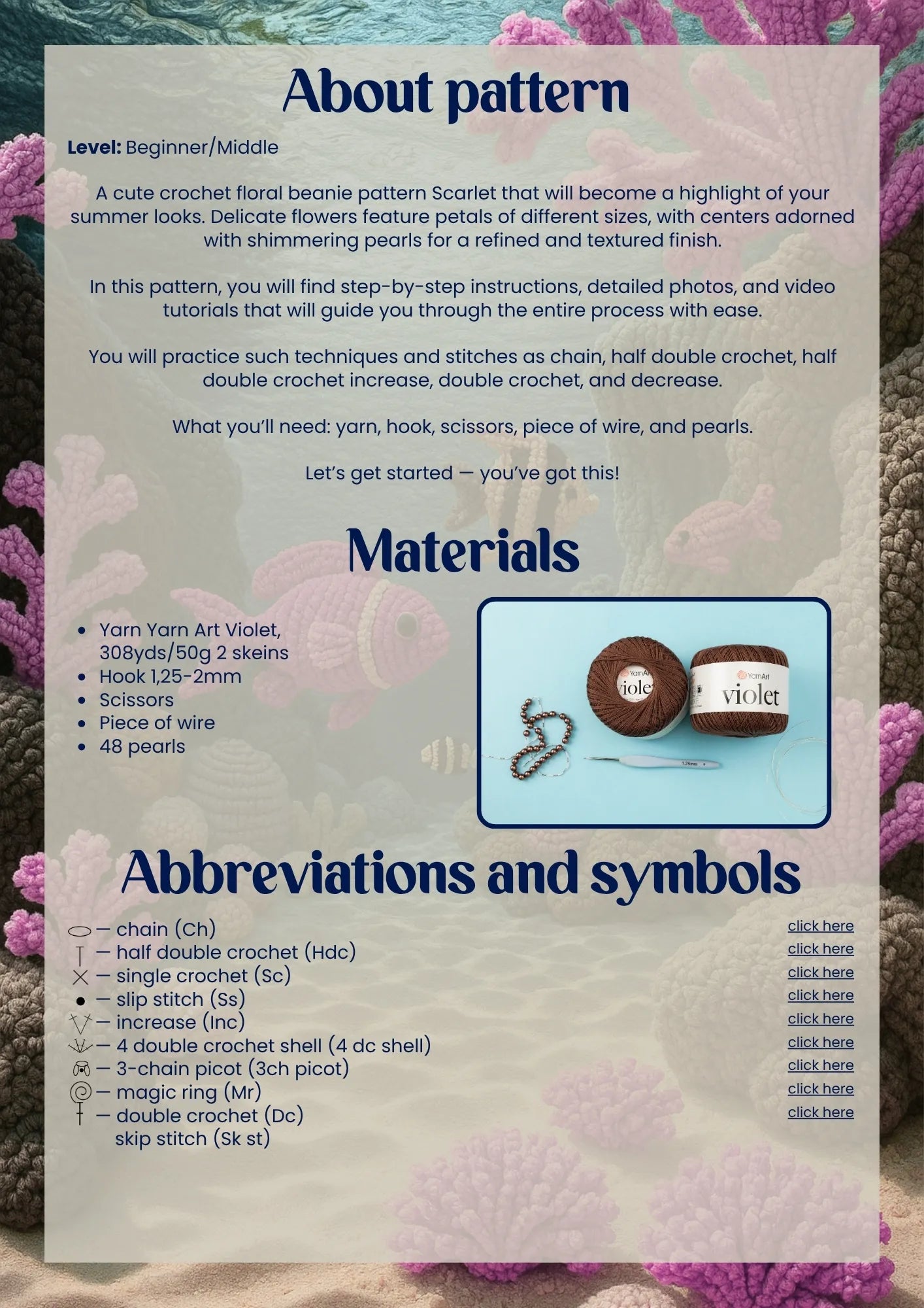 Pattern leaflet for a crochet floral beanie with text and material list on a textured background.
