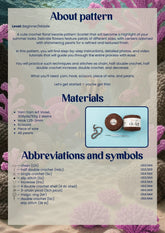 Pattern leaflet for a crochet floral beanie with text and material list on a textured background.