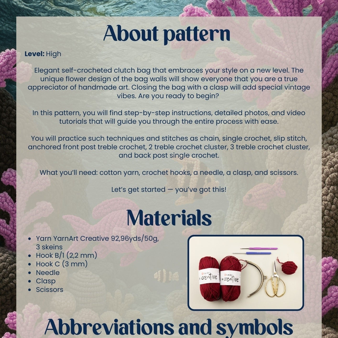 Pattern leaflet for crocheting a stylish bag with materials list and abbreviations.