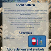 Pattern guide for crochet with materials list and abbreviations on a textured background