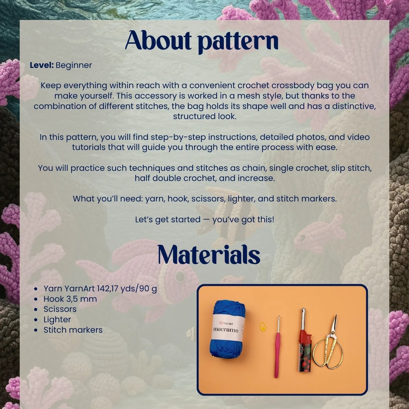 Pattern guide for a crochet crossbody bag with materials list and abbreviations on a textured background.
