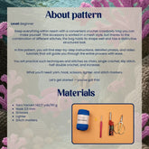 Pattern guide for a crochet crossbody bag with materials list and abbreviations on a textured background.