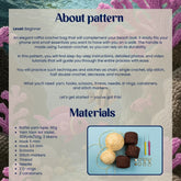 Pattern guide for a Tunisian crochet bag with text and illustrations on a textured background.