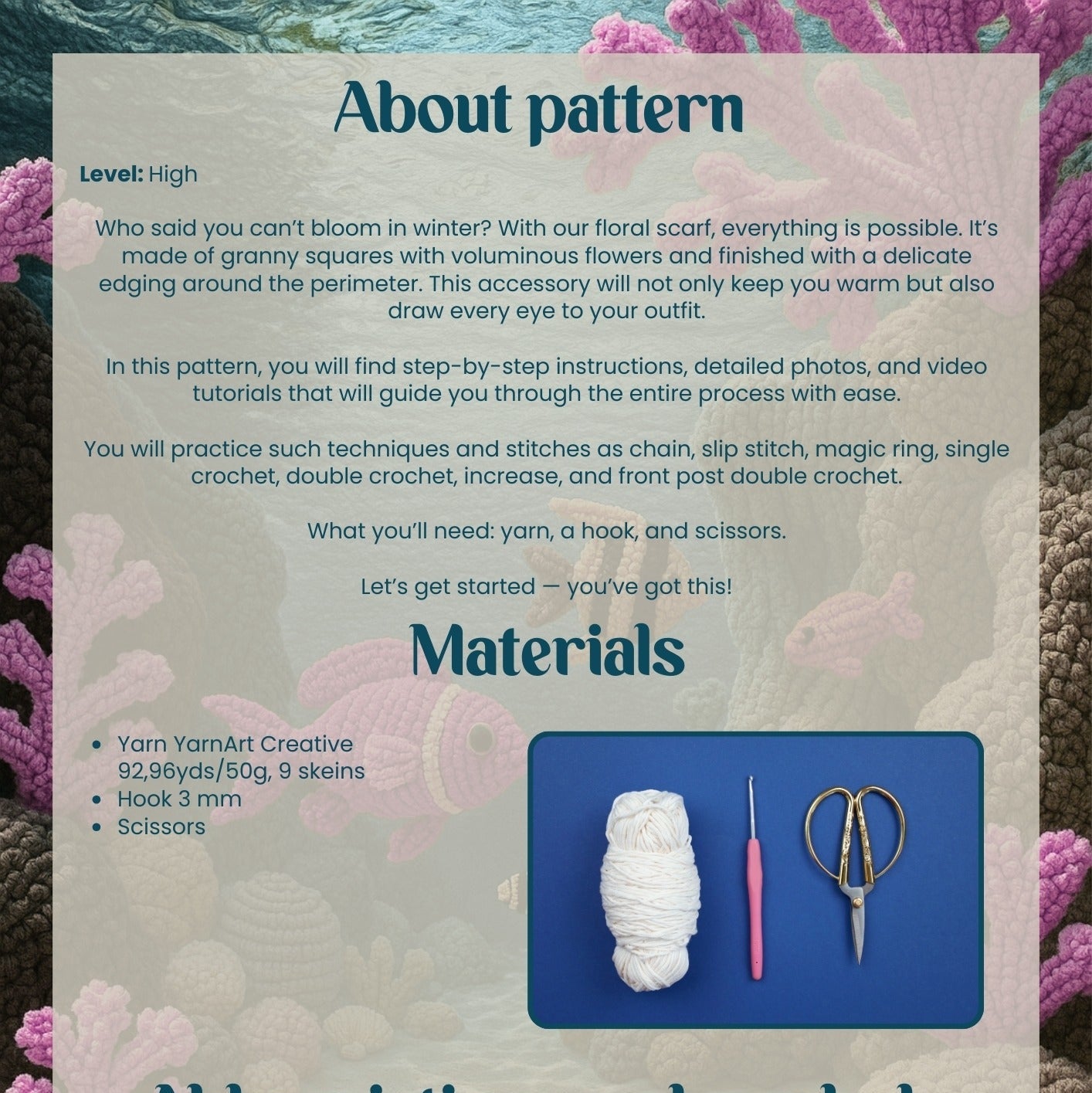 Pattern guide for crochet with yarn, hook, and scissors illustration on a floral background