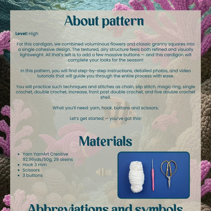 Pattern guide for crochet with text and materials list on a textured background