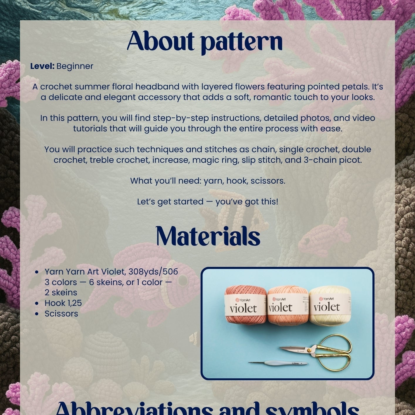 Pattern leaflet for a crochet summer floral headband with materials list and abbreviations on a floral background.
