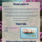 Pattern leaflet for a crochet summer floral headband with materials list and abbreviations on a floral background.