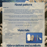 Crochet pattern guide with materials list and abbreviations on a textured background