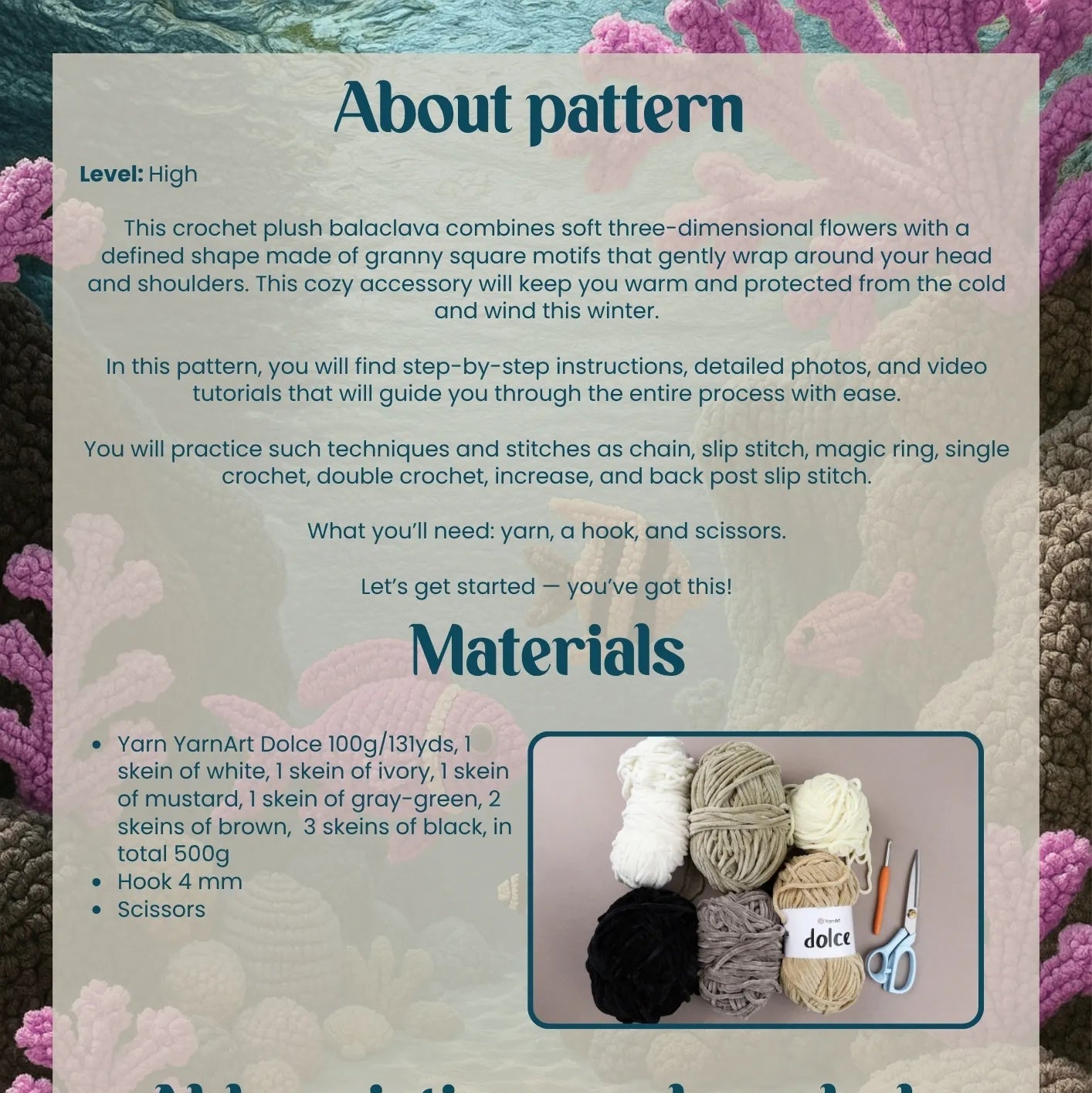 Crochet pattern leaflet with yarn and hook illustration on a textured background