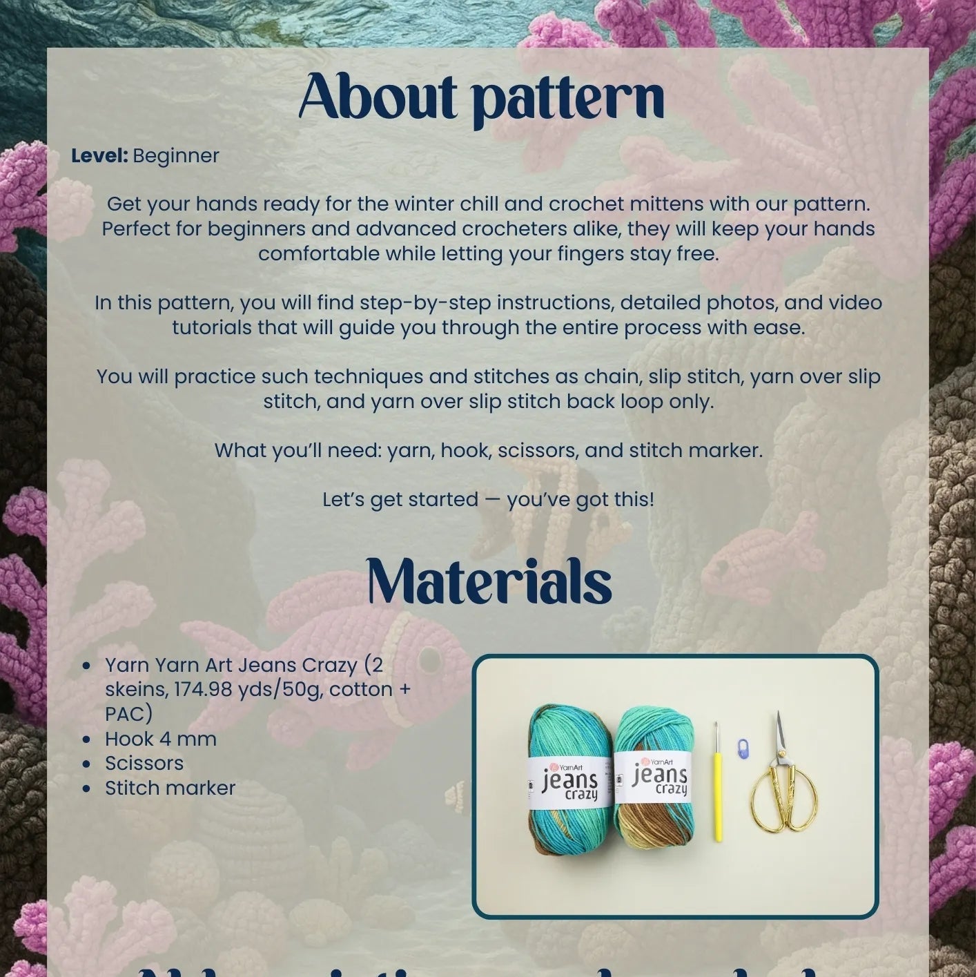 Pattern guide with yarn and crochet tools on a textured fabric background