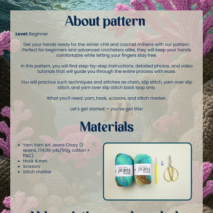 Pattern guide with yarn and crochet tools on a textured fabric background