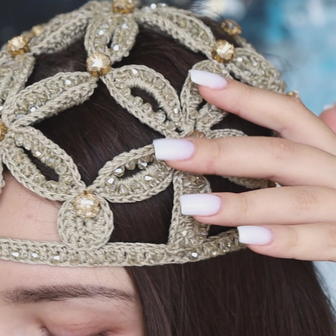 Floral beanie with rhinestones and bicones